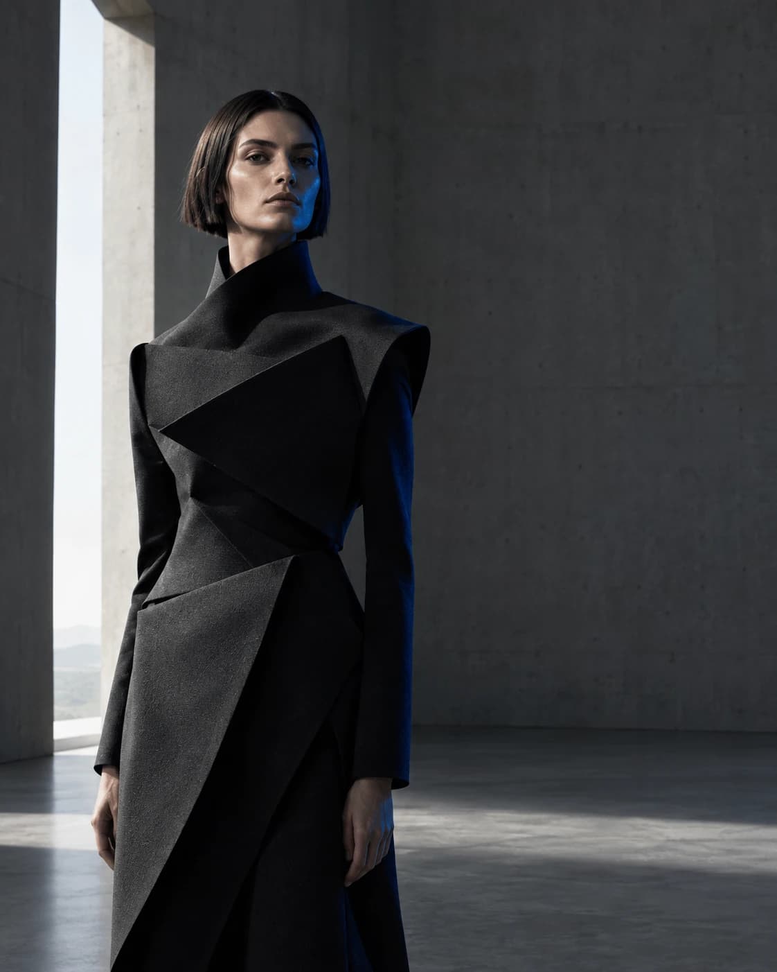 AI fashion campaign image of a model in an angular black architectural garment inside a side-lit concrete gallery.