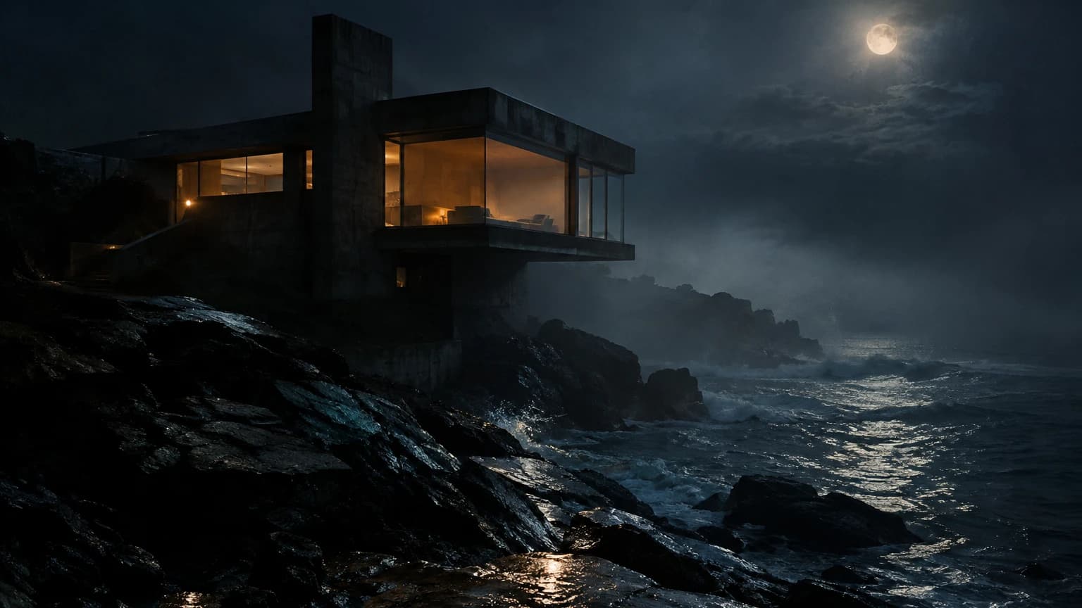 AI-generated film still of a concrete house beside a night ocean, warm window light spilling over wet moonlit rocks through sea mist.