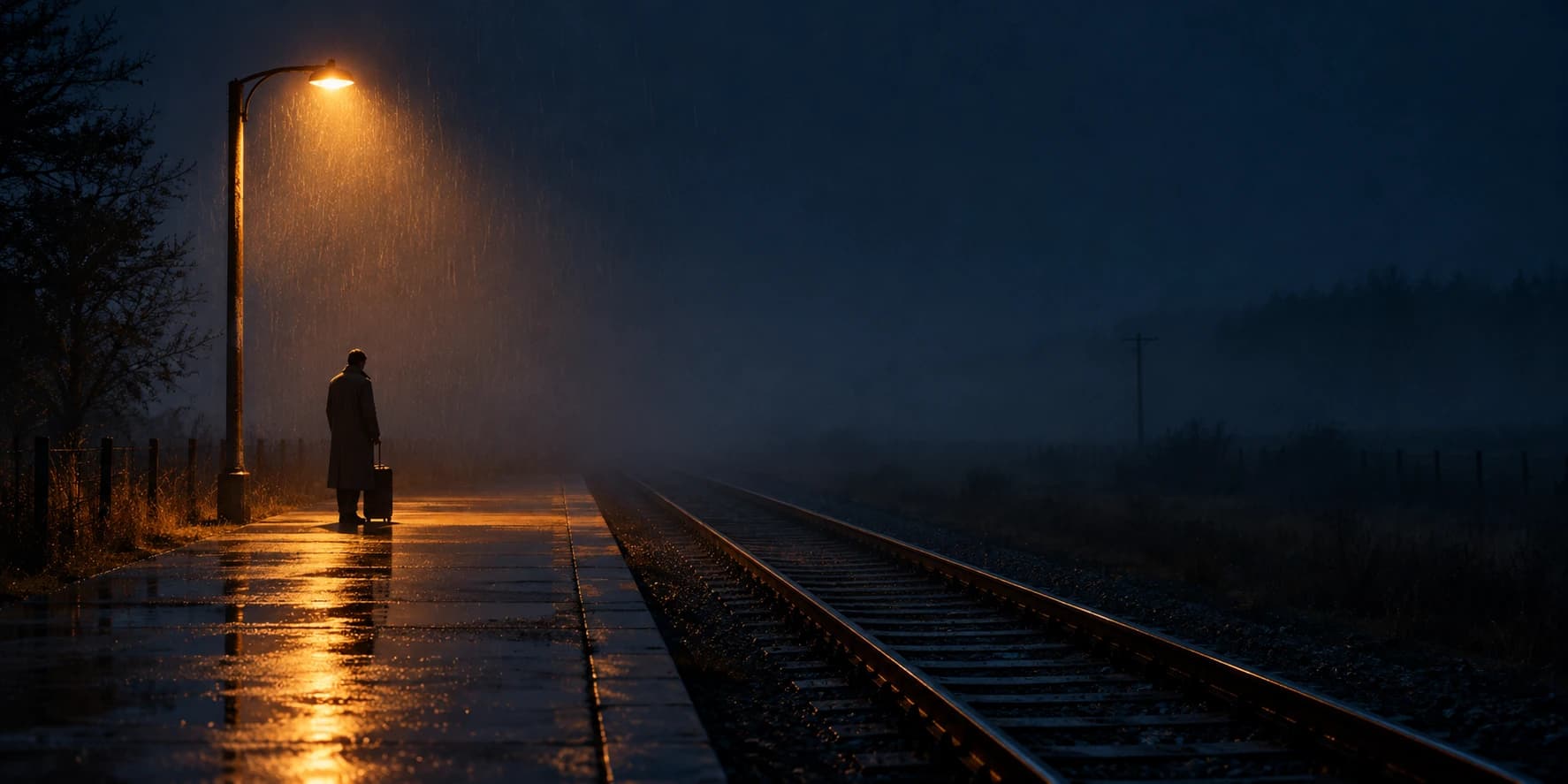 AI film still of a lone traveller with a suitcase under a streetlamp on a rainy rural train platform at night.
