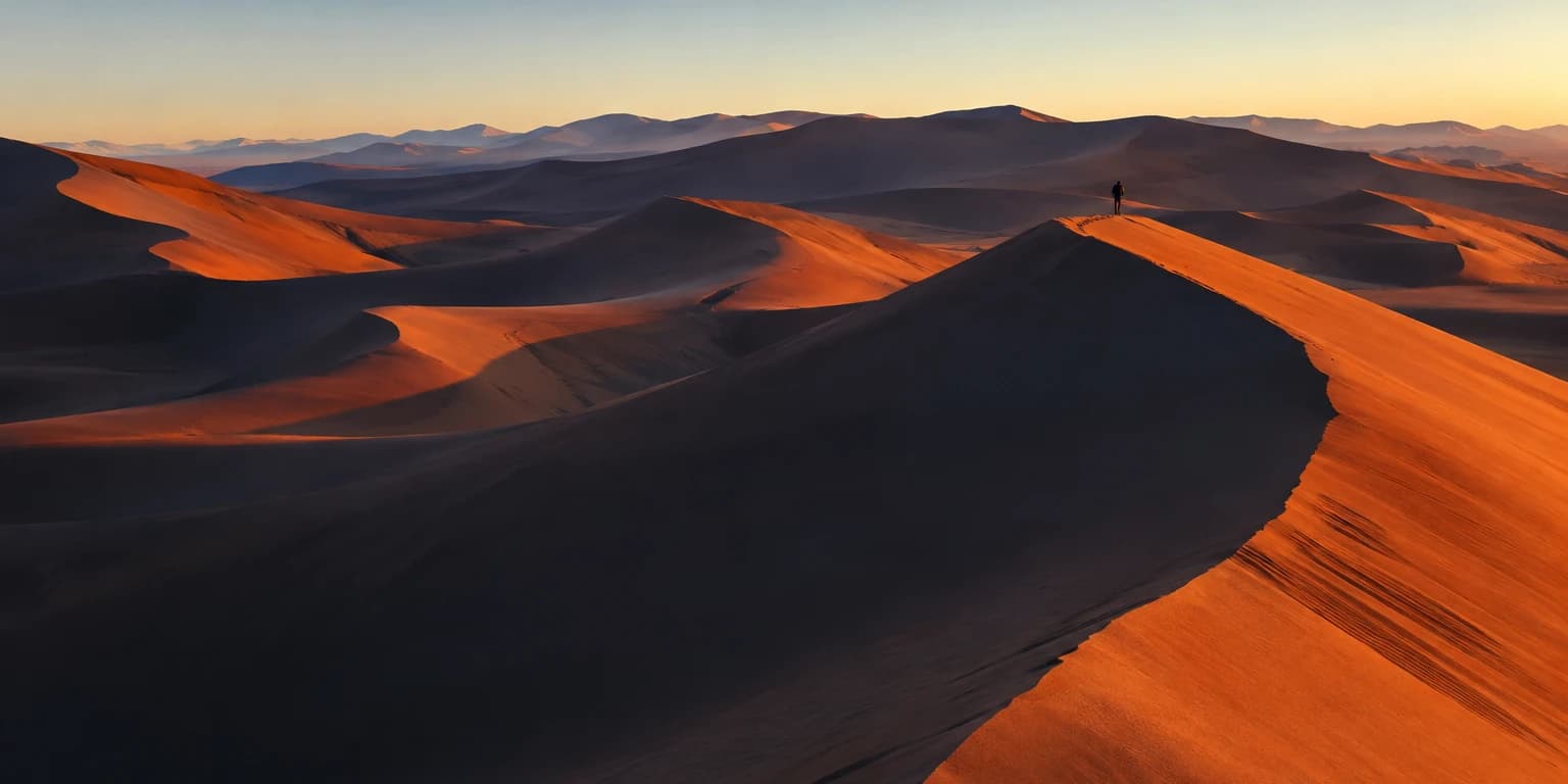 AI landscape photograph of rust-red desert dunes at sunrise with a tiny figure walking along a distant ridge.