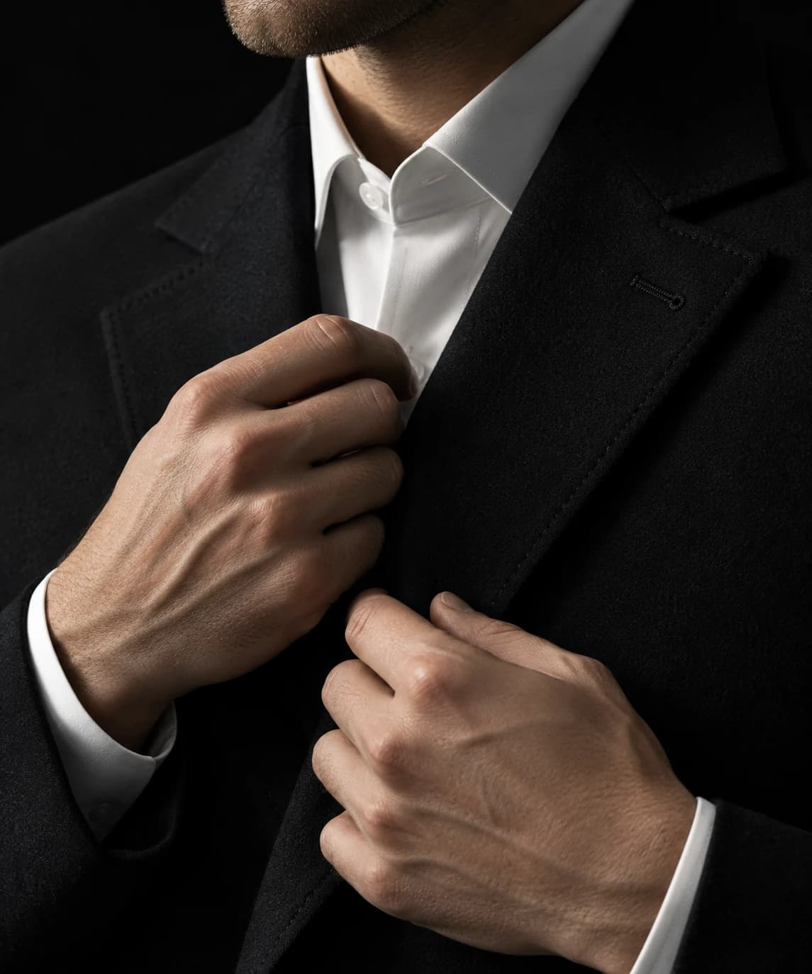 AI menswear detail photograph of hands adjusting the lapel of a tailored black jacket over a crisp white shirt.