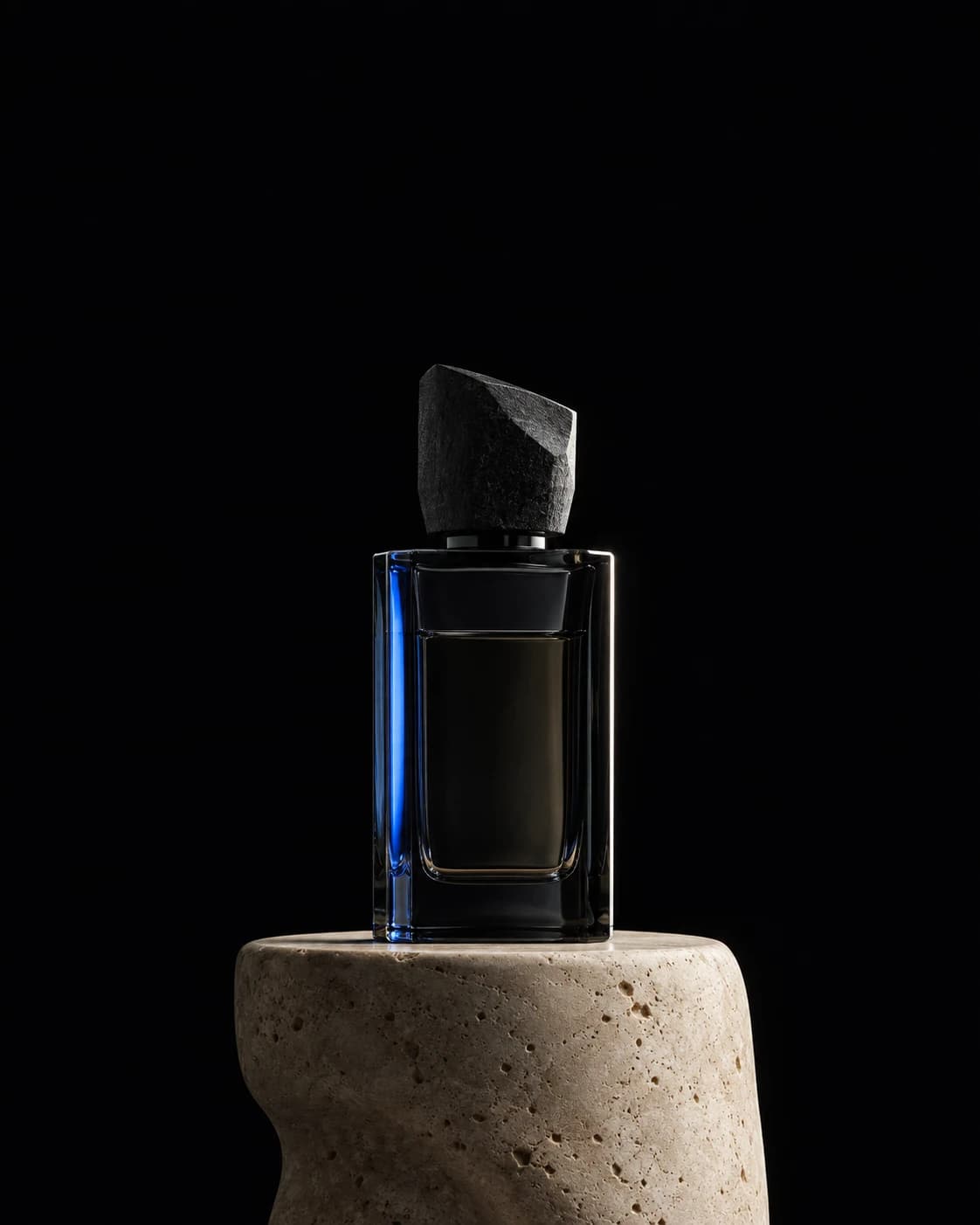 AI product campaign image of a black glass perfume bottle with a stone cap on a travertine pedestal, a blue light edge along the glass.