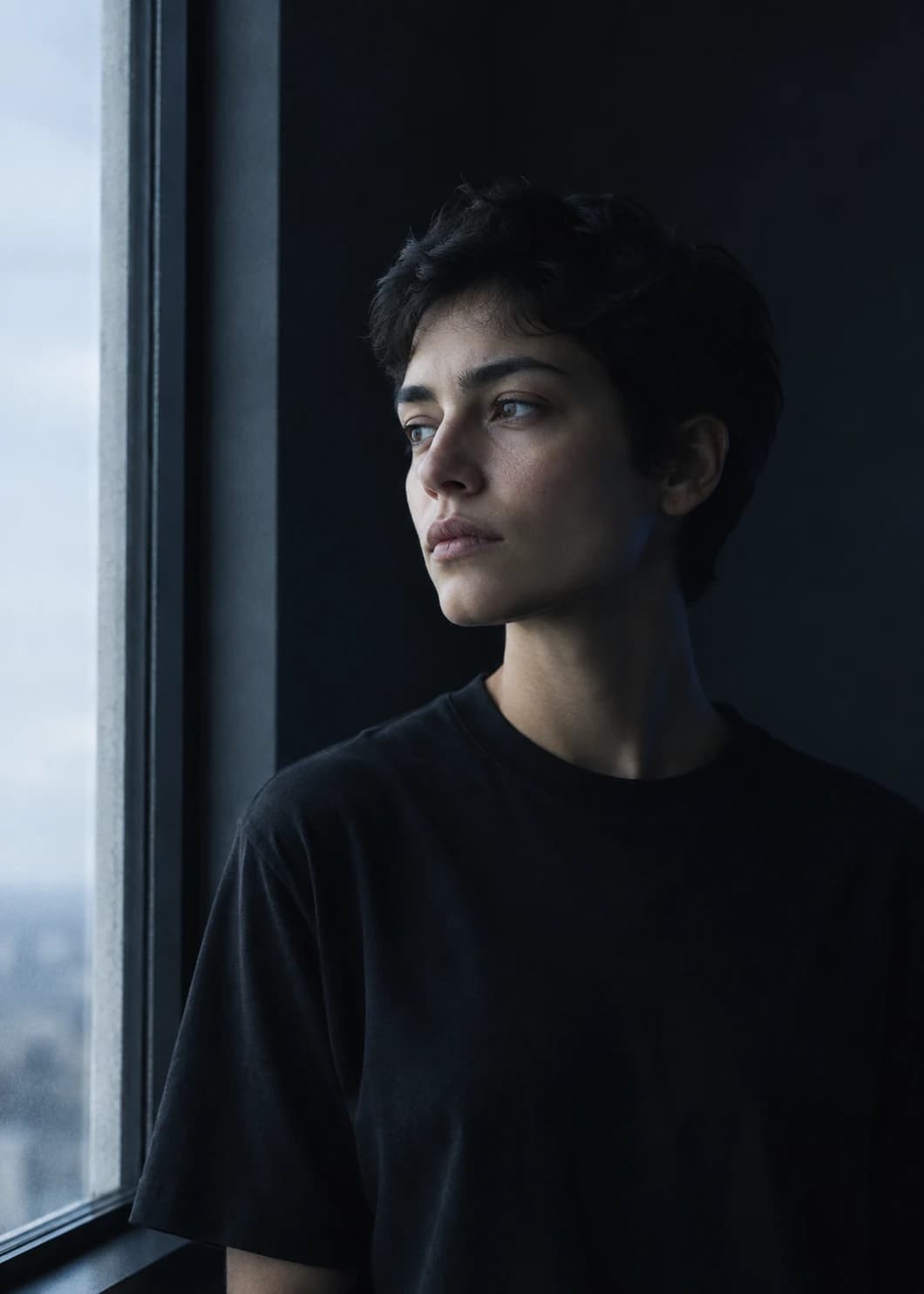 AI cinematic portrait of a young woman with short dark hair looking out of a tall window in a dark room, soft side light on her face.