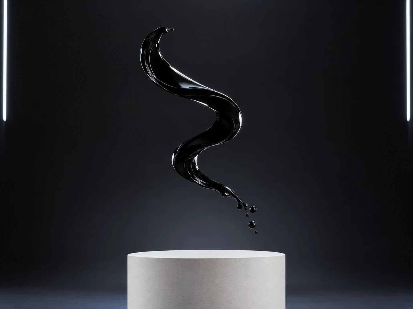 AI experimental studio photograph of a ribbon of glossy black liquid suspended in mid-air above a white plinth.
