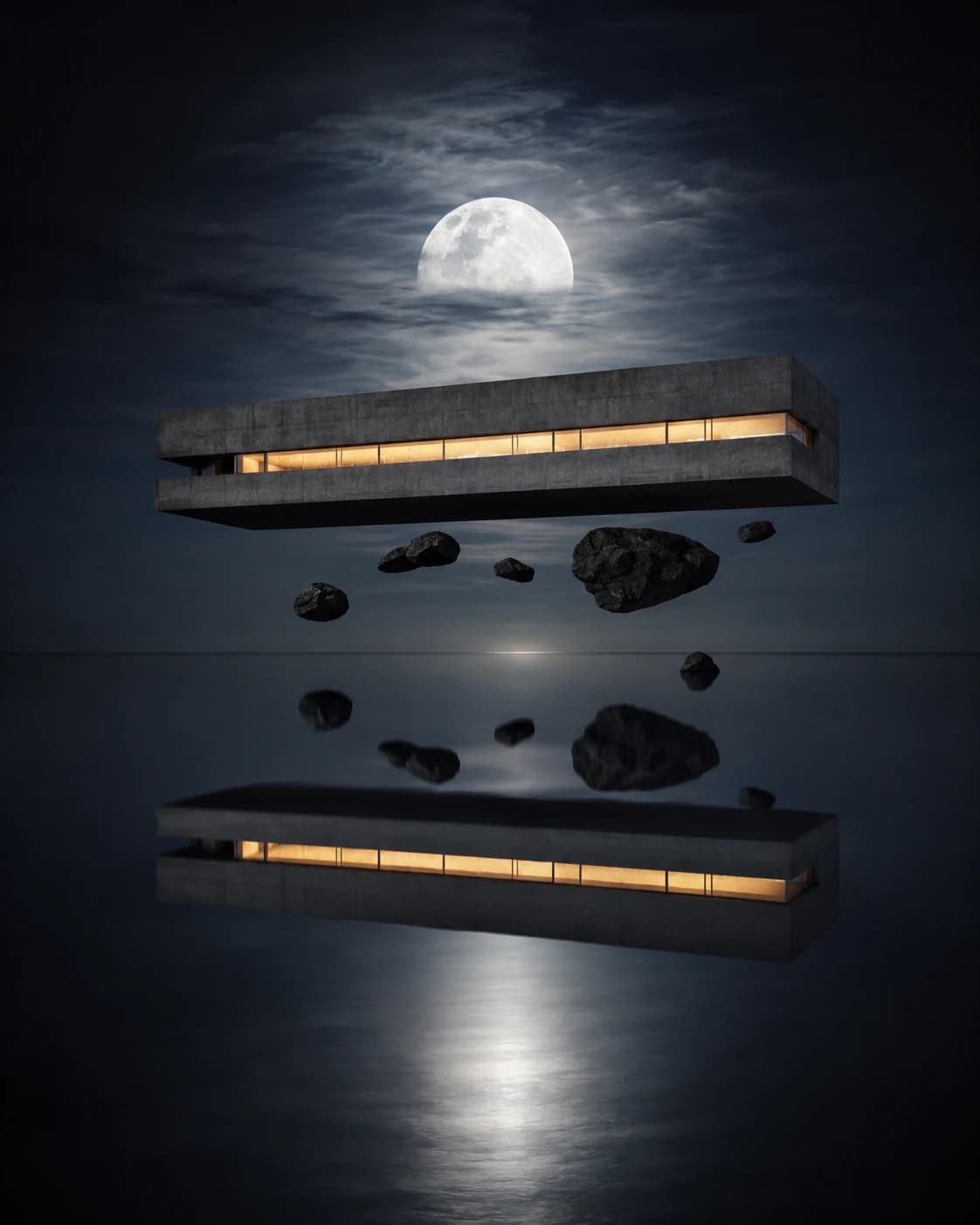 AI surreal photograph of a long concrete house and dark stones floating above a mirror-still black ocean under a full moon.